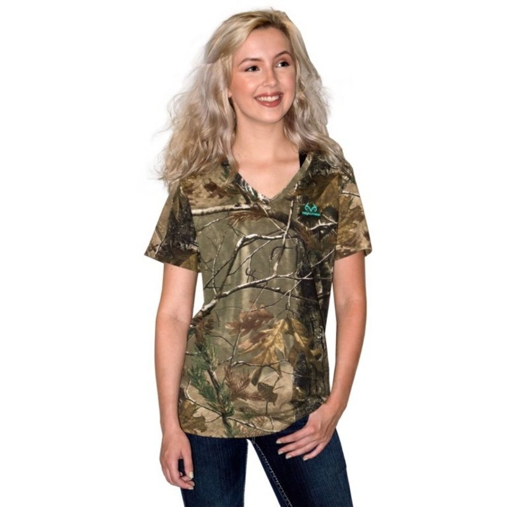 RealTree Women's Camo-print V-neck Short-sleeve Top